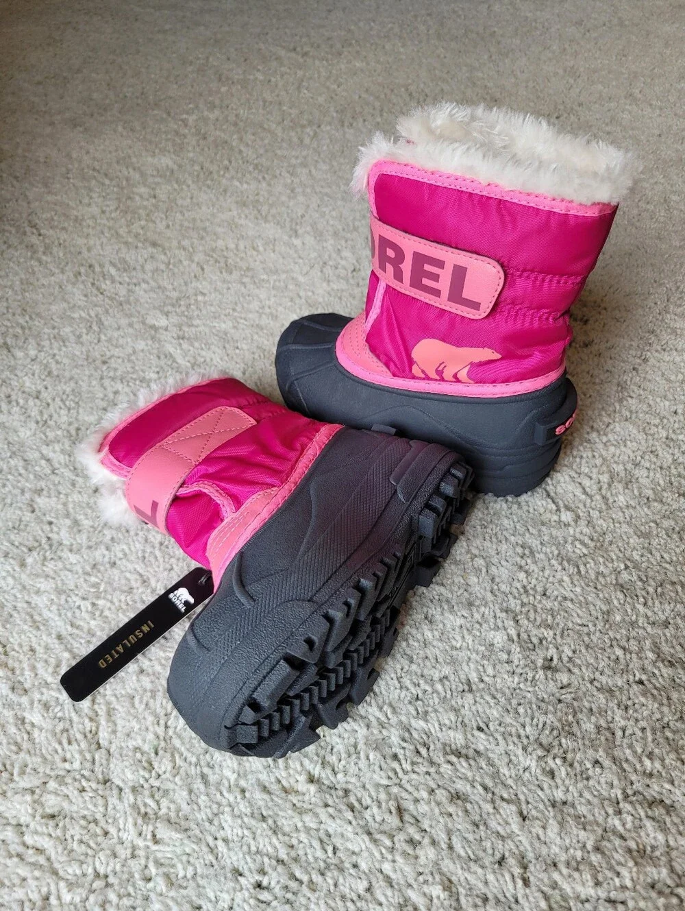 Sorel Kids' Pink & Gray Insulated Velcro Closure Snow Boots Waterproof 9